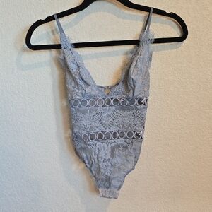 Victoria's Secret Grey Floral Lace & Mesh Teddy Bodysuit - Size XS
